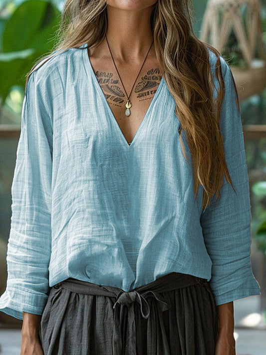 Women's Simple Solid Linen V-Neck Shirt