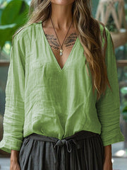 Women's Simple Solid Linen V-Neck Shirt