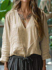 Women's Simple Solid Linen V-Neck Shirt