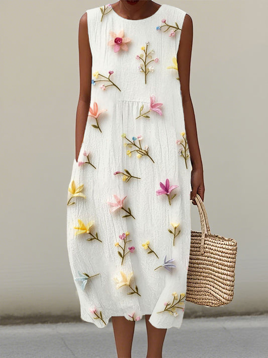 Women's Elegant Floral Pattern Linen Dress