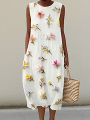 Women's Elegant Floral Pattern Linen Dress