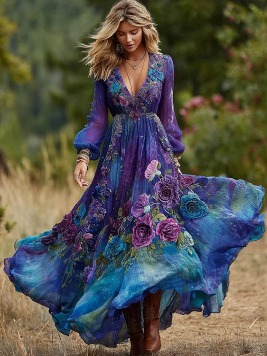 Women's Vintage Purple And Blue Lavender Patchwork And Floral Embroidered Art Linen Maxi Dress