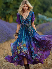 Women's Vintage Purple And Blue Lavender Patchwork And Floral Embroidered Art Linen Maxi Dress
