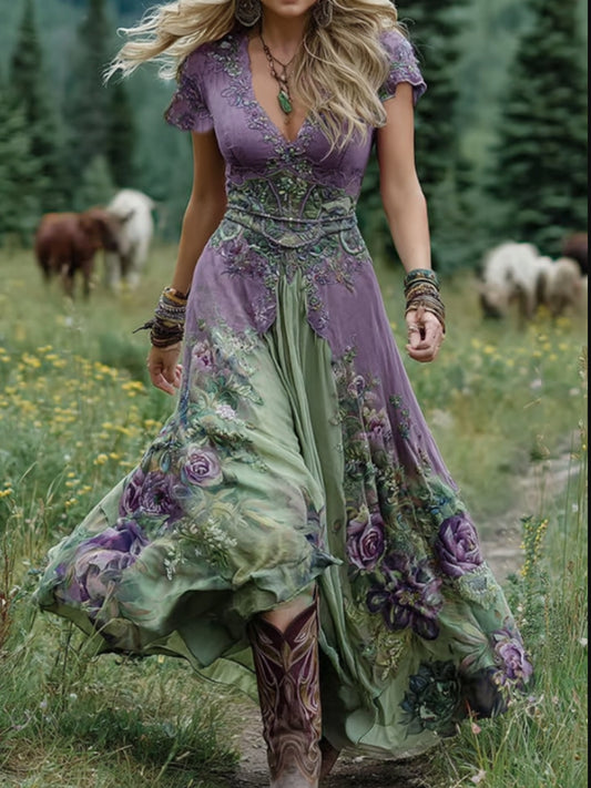 Women's Classy Gradient Purple Lavender And Floral Printed Short Maxi Dress