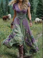 Women's Classy Gradient Purple Lavender And Floral Printed Short Maxi Dress