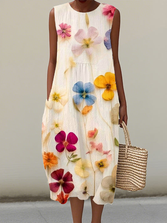 Women's Elegant Floral Pattern Linen Dress