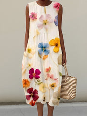 Women's Elegant Floral Pattern Linen Dress