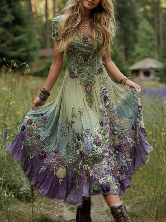 Women's Classy Gradient Purple Lavender And Floral Printed Short Maxi Dress