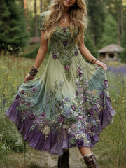 Women's Classy Gradient Purple Lavender And Floral Printed Short Maxi Dress