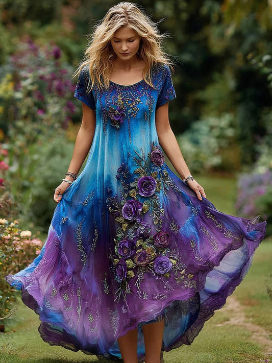 Women's Vintage Purple And Blue Lavender Patchwork And Floral Embroidered Art Linen Maxi Dress