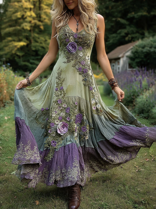 Women's Classy Gradient Purple Lavender And Floral Printed Short Maxi Dress