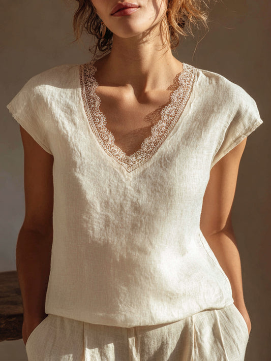 Women's Elegant Lace Patchwork Linen Shirt