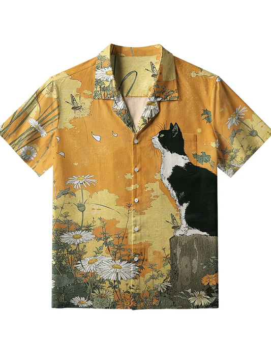 Men's Cat Surrounded By Daisies Button Shirt