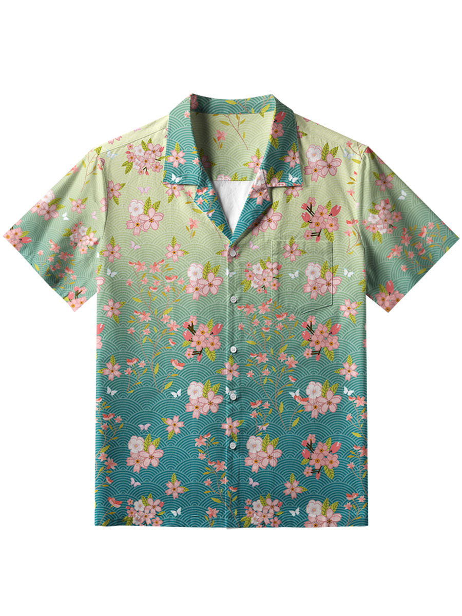 Men's Cherry Blossom Japanese Art Print Linen Shirt