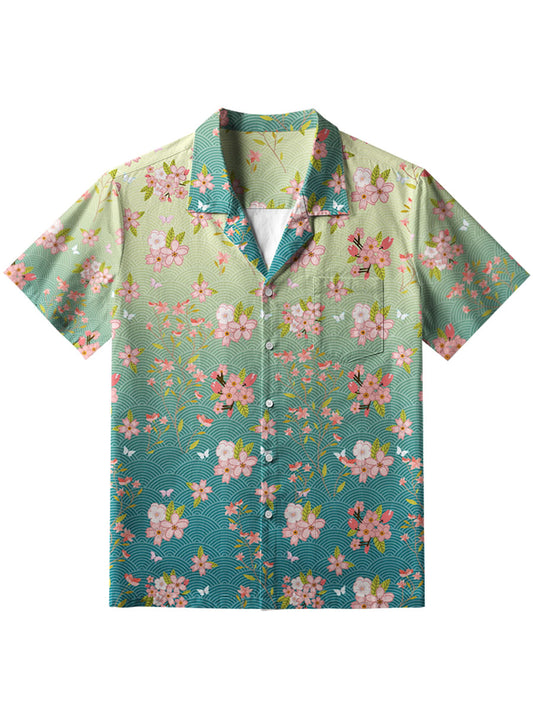 Men's Cherry Blossom Japanese Art Print Linen Shirt