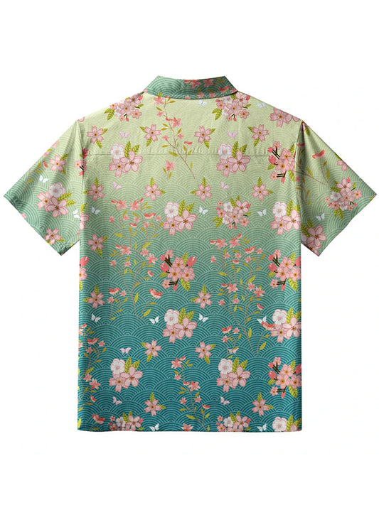 Men's Cherry Blossom Japanese Art Print Linen Shirt