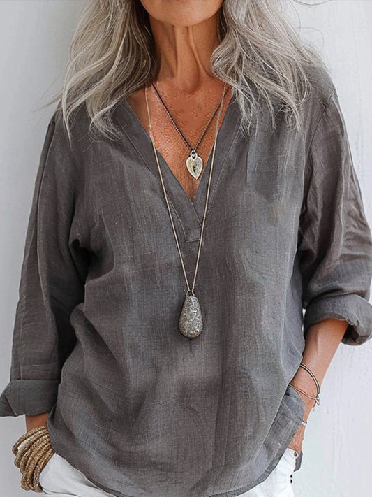 Printed V-Neck Lapel Button Vintage Casual Long Sleeve Shirt