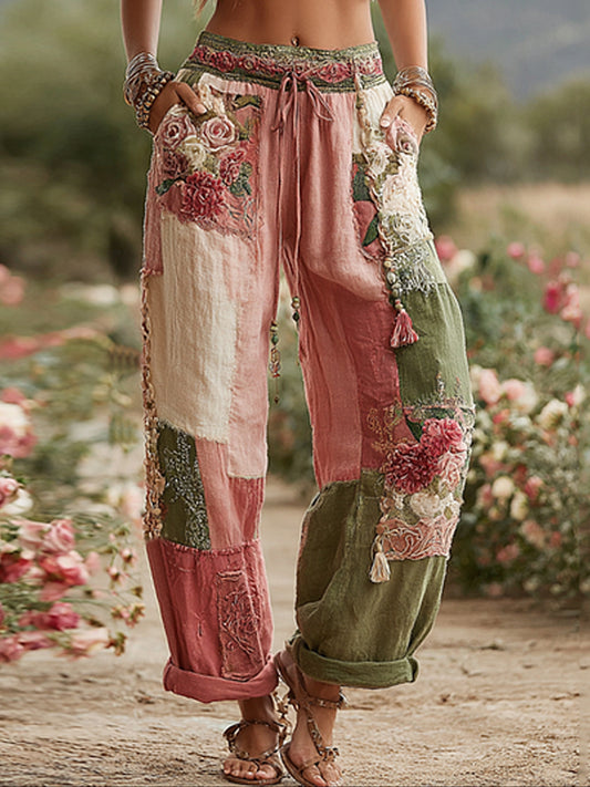 Women's Vintage Rose and Floral Patchwork Art Linen Pants