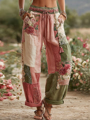 Women's Vintage Rose and Floral Patchwork Art Linen Pants