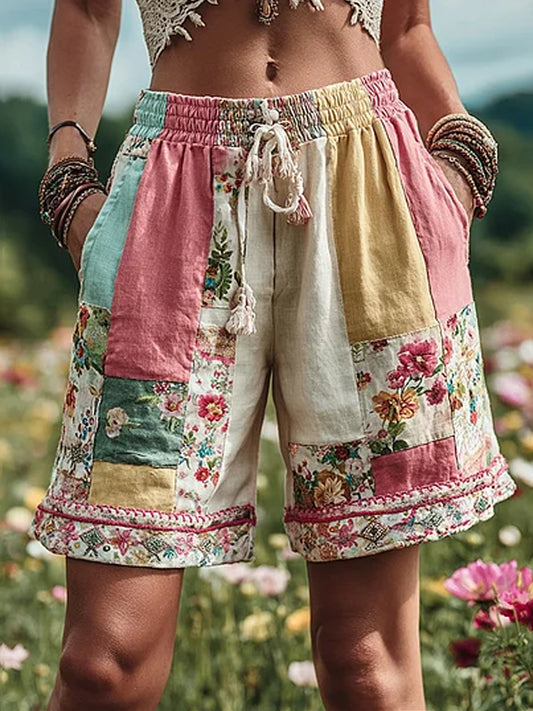 Women's Vintage Rose and Floral Patchwork Art Linen Pants