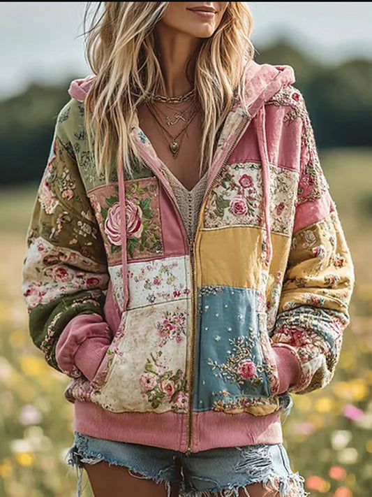 Women's Vintage Floral Patchwork Cozy Warm Zipper Hoodie