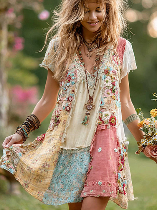 Women's Retro Floral Splicing Cotton And Linen Short Dress