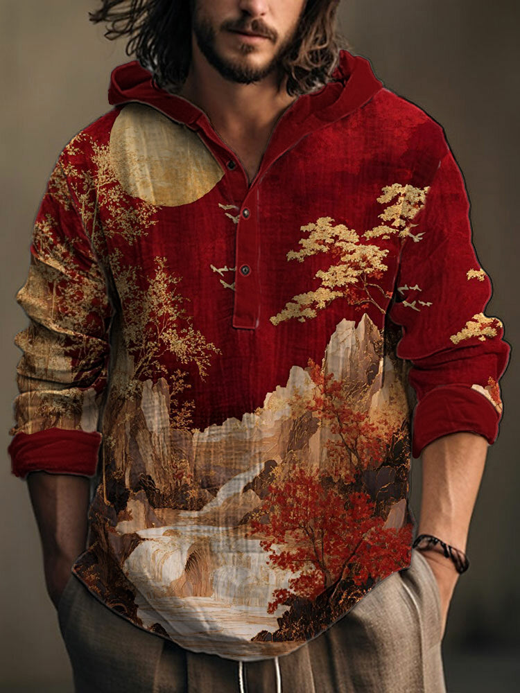 Men's Artistic Landscape Print Long Sleeve Hooded Top