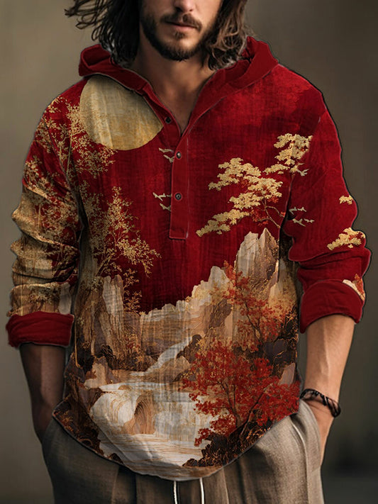 Men's Artistic Landscape Print Long Sleeve Hooded Top