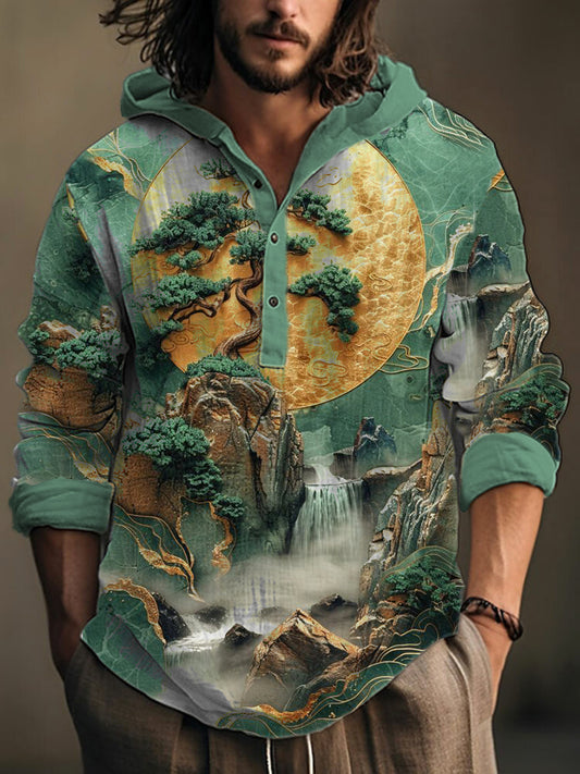 Men's Artistic Landscape Print Long Sleeve Hooded Top