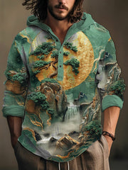 Men's Artistic Landscape Print Long Sleeve Hooded Top