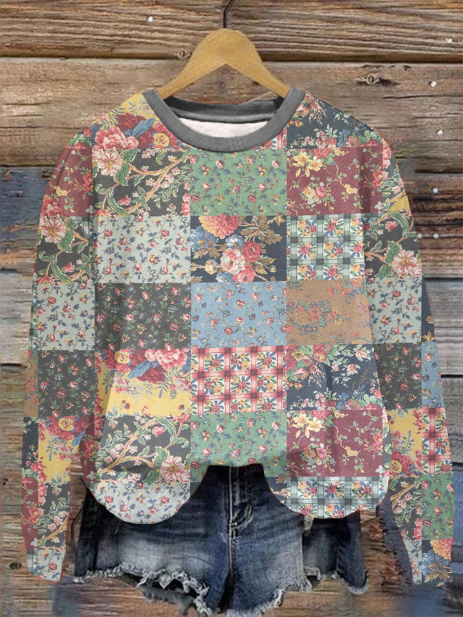Women's Vintage Floral Patchwork Cozy Warm Zipper Hoodie