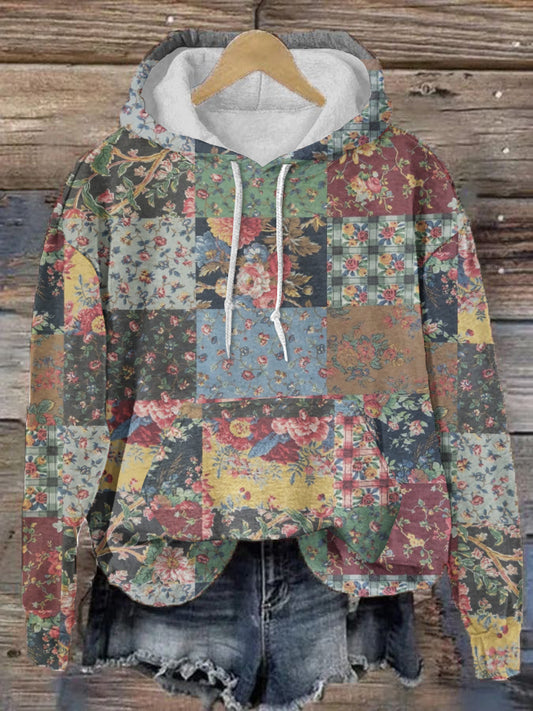 Women's Vintage Floral Patchwork Cozy Warm Zipper Hoodie