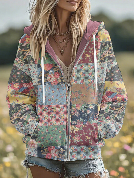 Women's Vintage Floral Patchwork Cozy Warm Zipper Hoodie