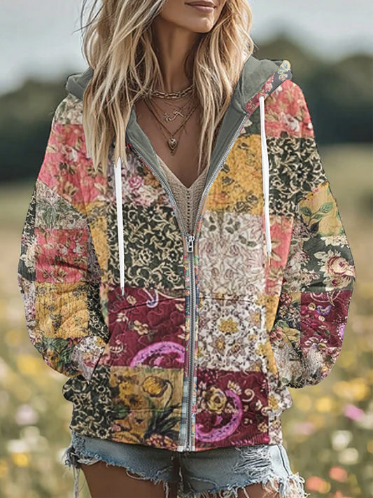 Women's Vintage Floral Patchwork Cozy Warm Zipper Hoodie