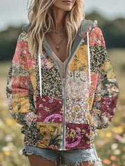 Women's Vintage Floral Patchwork Cozy Warm Zipper Hoodie