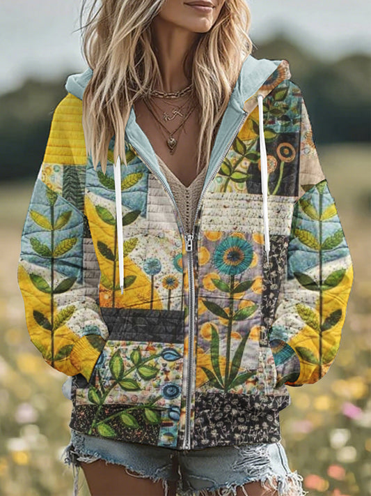 Women's Vintage Floral Patchwork Cozy Warm Zipper Hoodie