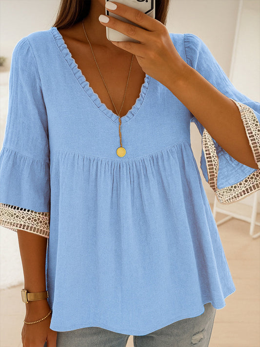 Women's Lace Patchwork Linen V-Neck Shirt