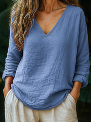Women's Simple Solid Color Linen V-Neck Shirt