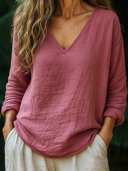 Women's Simple Solid Color Linen V-Neck Shirt