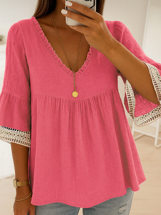 Women's Lace Patchwork Linen V-Neck Shirt