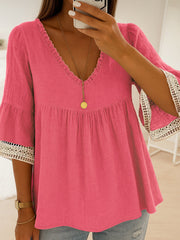 Women's Lace Patchwork Linen V-Neck Shirt