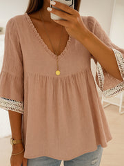 Women's Lace Patchwork Linen V-Neck Shirt