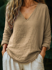 Women's Simple Solid Color Linen V-Neck Shirt