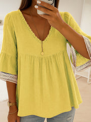 Women's Lace Patchwork Linen V-Neck Shirt