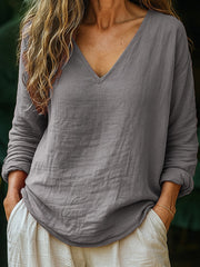 Women's Simple Solid Color Linen V-Neck Shirt