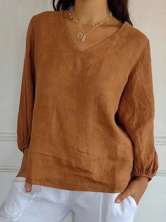 Women's Simple Solid Color V-Neck Linen Shirt