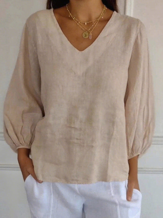 Women's Simple Solid Color V-Neck Linen Shirt