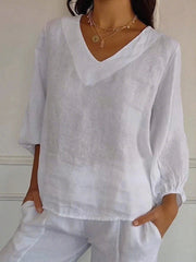 Women's Simple Solid Color V-Neck Linen Shirt