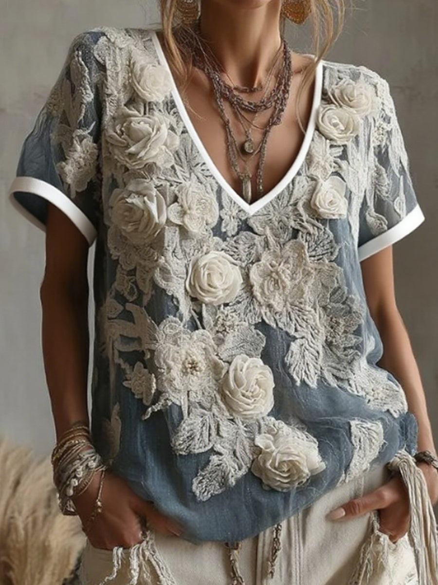 Women's Vintage White Rose Pattern Linen V-neck T-shirt