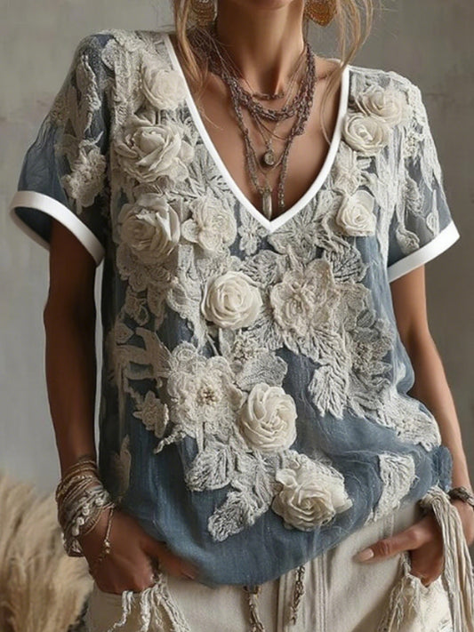 Women's Vintage White Rose Pattern Linen V-neck T-shirt